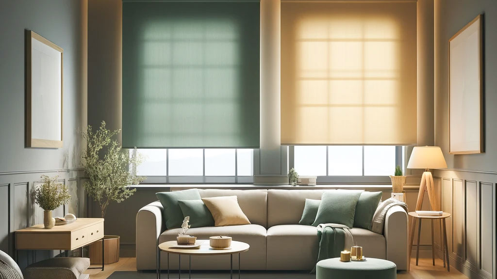 Rollos mit Transparenz in Gelb und Grün in einem Wohnzimmer