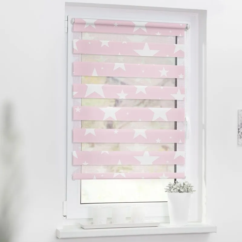 Doppelrollo für das Kinderzimmer als Sichtschutz mit weißen Sternen und rosa Hintergrund