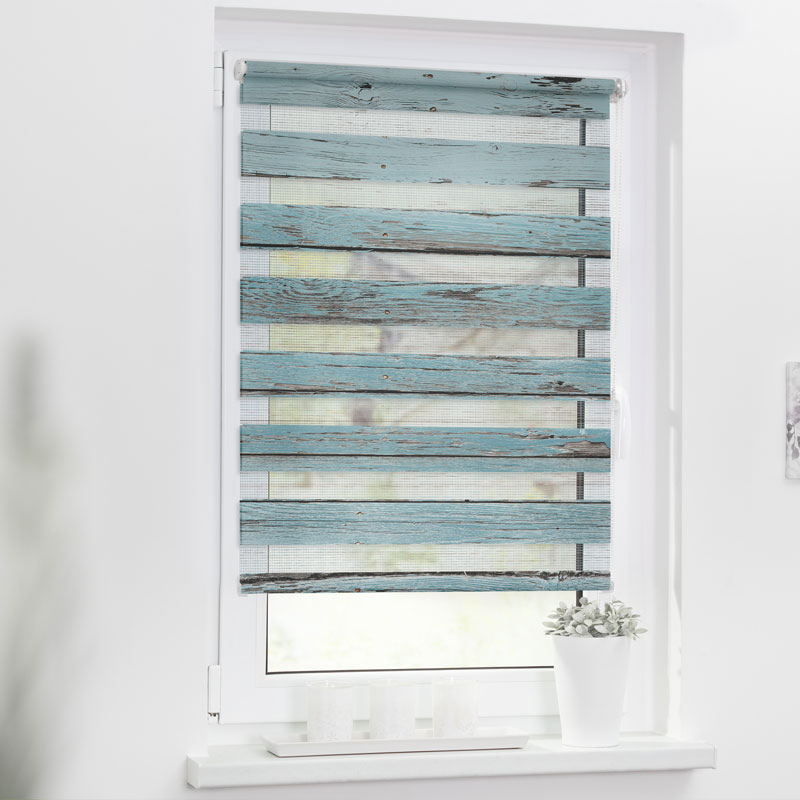 Doppelrollo für das Kinderzimmer in blickdichter Holzoptik